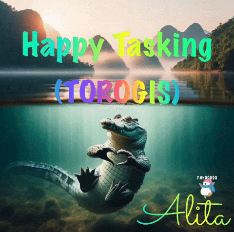 a crocodile is swimming in the water with the words happy tasking torogis above it