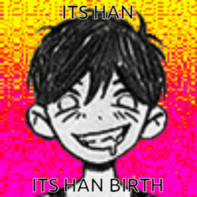 a black and white drawing of a boy with a smile on his face and the words `` its han its han birth '' .