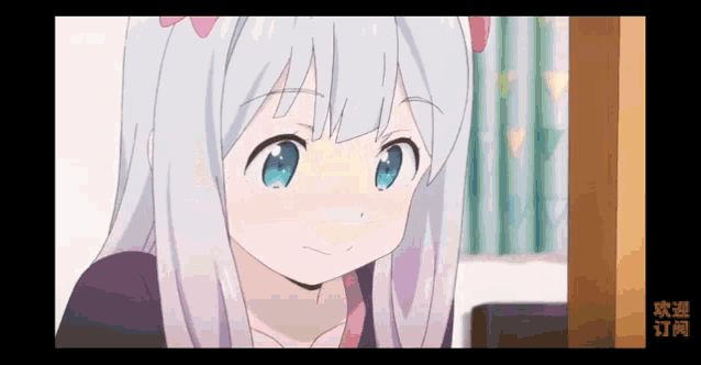 a girl with white hair and blue eyes is smiling