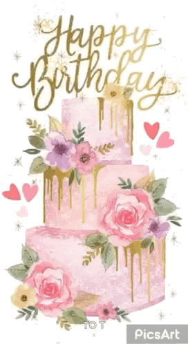 a birthday card with a pink and gold cake and flowers
