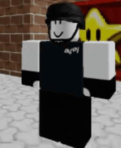 a roblox character wearing a helmet and a black shirt that says ayoy