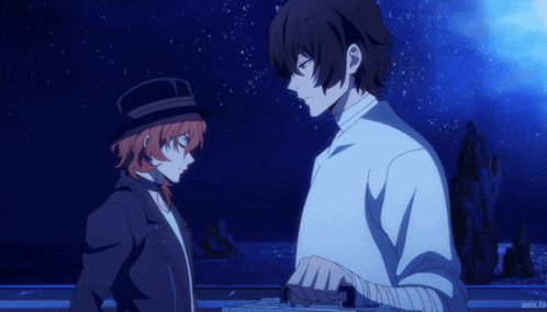 two anime characters standing next to each other with one holding a gun in his hand
