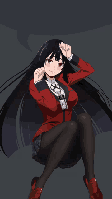 a girl with long black hair is wearing a red jacket and black tights and has a name tag that says ' aoyama '