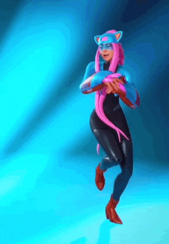 a woman in a cat costume is holding a gun and dancing in a video game .