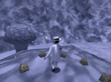 a man in a white suit and hat is standing in a snowy cave