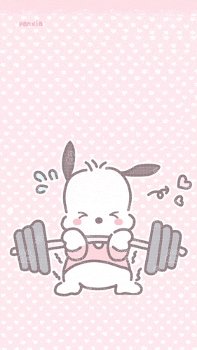 a cartoon character is lifting a dumbbell on a pink background .