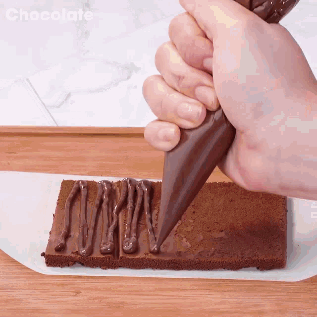 a person is frosting a piece of chocolate cake with a chocolate bag