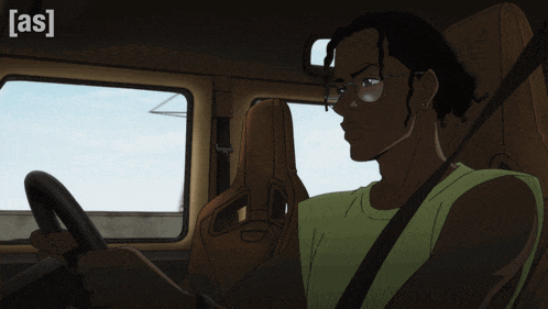 a cartoon of a man driving a car with the word [ as ] on the bottom left