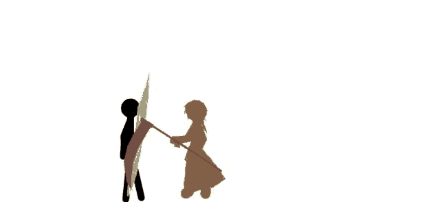 a silhouette of a person holding a sword and a silhouette of a person holding a scythe