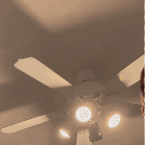 a person looking up at a ceiling fan with two lights on it