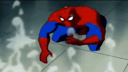 a cartoon spider man is kneeling down on the floor