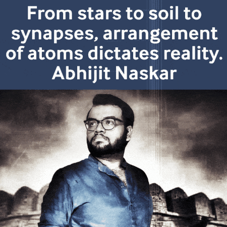 a black and white photo of a man with the caption from stars to soil to synapses arrangement of atoms dictates reality