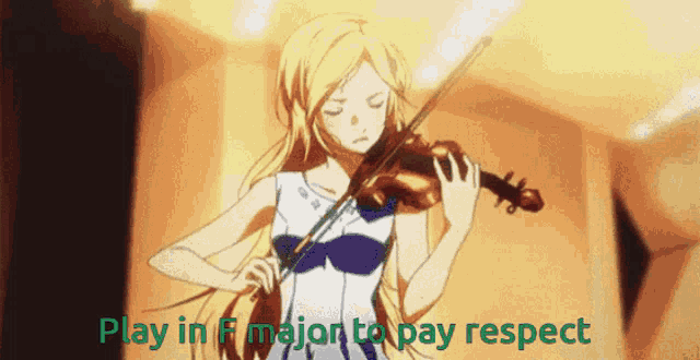 a girl is playing a violin with the words " play in f major to pay respect " below her