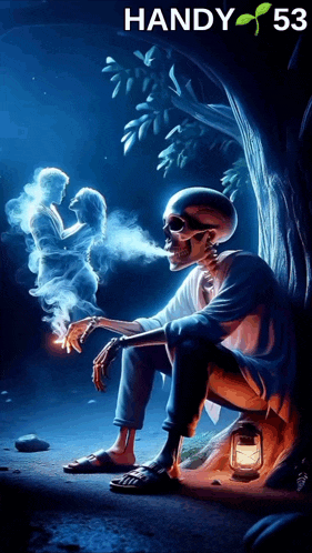 a skeleton sits under a tree smoking a cigarette with the number 53 on the bottom