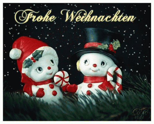 a christmas card with two snowmen and the word frohe weihnachten
