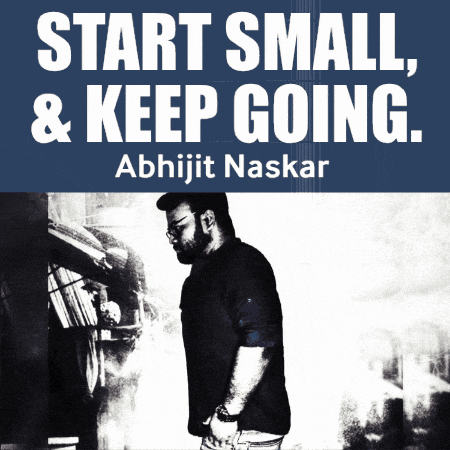 a man is standing in front of a sign that says start small and keep going