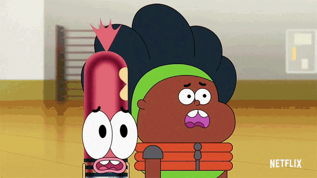 two cartoon characters standing next to each other with netflix written on the bottom right