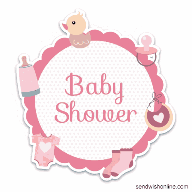 a pink baby shower sticker with a duck and a pacifier