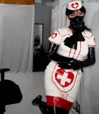 a woman in a nurse costume has a follow goal of 12