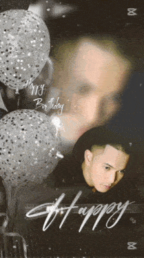 a black and white photo of a man with balloons and the words " happy birthday "