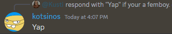 a screenshot of a conversation between kotsinos and yap