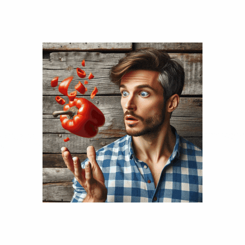 a man in a plaid shirt is holding a red pepper in his hands
