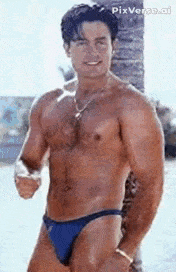 a shirtless man in a blue swim trunks is standing on a beach .