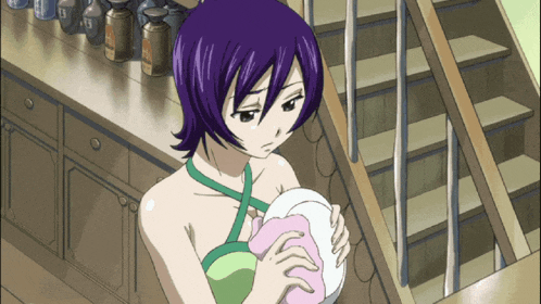 a girl with purple hair is holding a plate in front of a staircase