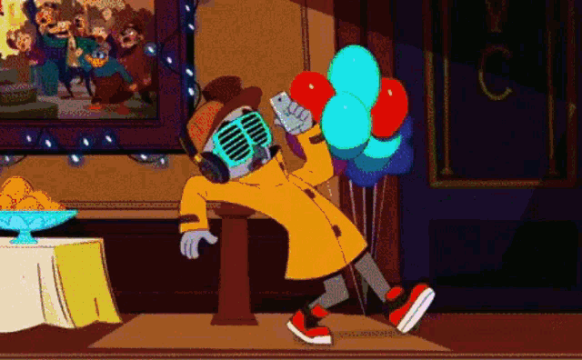 a cartoon character holding balloons and a microphone