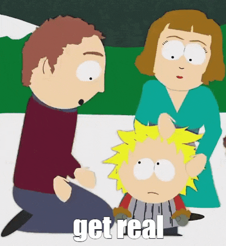 a cartoon of a man and woman kneeling down next to a child with the words get real written on the bottom