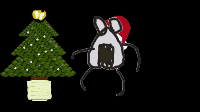 a cartoon drawing of a christmas tree and a santa claus