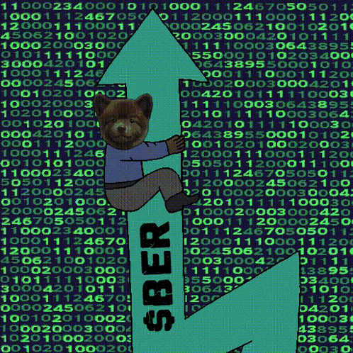 a teddy bear is sitting on a sber arrow pointing upwards