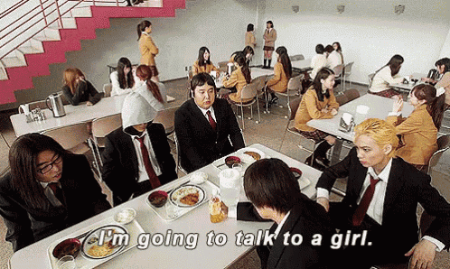 a group of people sitting at tables with the words i 'm going to talk to a girl written above them