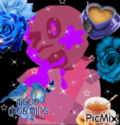 a picture of a person with roses and a cup of coffee that says good morning