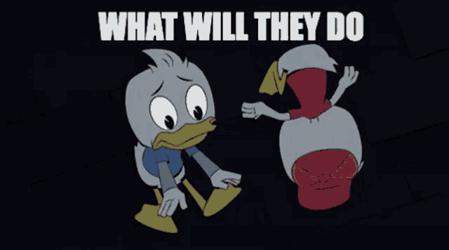 a cartoon of donald duck and daisy duck with the words `` what will they do '' written above them .