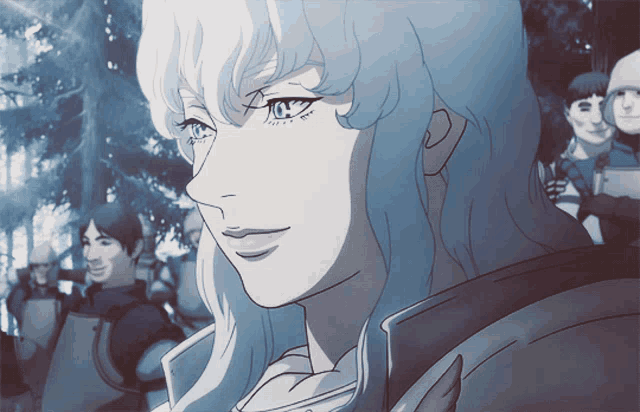 a woman with white hair and blue eyes is smiling in front of a group of people