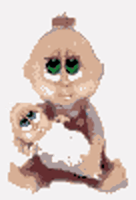 a pixel art drawing of a baby holding a white blanket