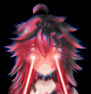 a close up of a girl with red hair and red eyes