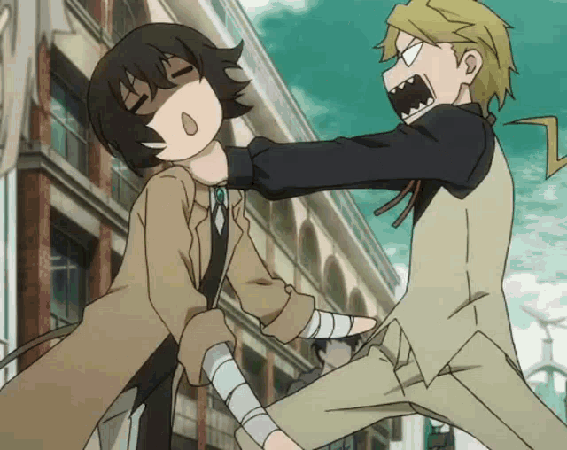 two anime characters are fighting each other and one has bandages on his arms