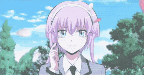 a girl with pink hair and blue eyes is wearing a headband and a tie .
