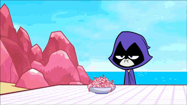 a cartoon character named raven is sitting at a table with a bowl of food