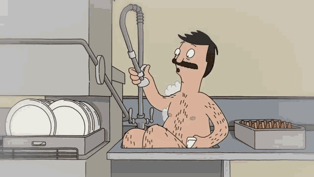a cartoon of a shirtless man sitting in a sink holding a hose