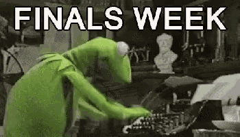 kermit the frog is typing on a typewriter in a room with the words finals week .