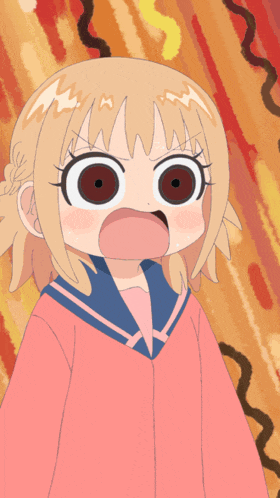 a cartoon of a girl with big red eyes making a funny face