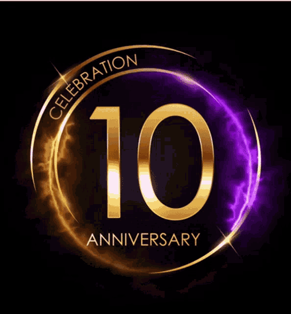 a gold and purple circle with the number 10 in it