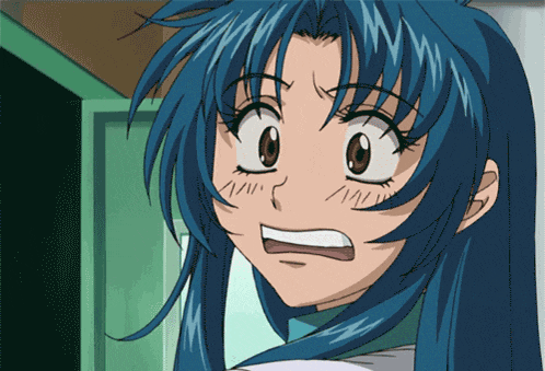 a close up of a blue haired anime character with a surprised look on her face
