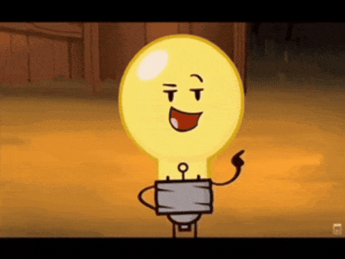 a cartoon drawing of a light bulb with a smiling face