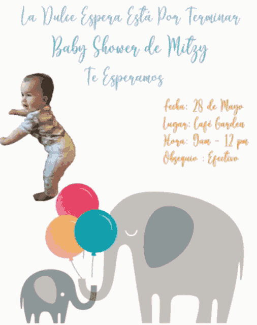 a baby shower invitation in spanish with a picture of an elephant and balloons