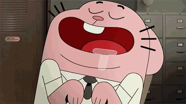 a cartoon character is yawning in front of a filing cabinet that says mrs. beam