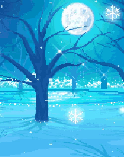 a pixel art of a tree in the snow with a full moon behind it